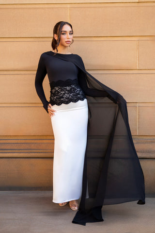 ESMÉ modest gown detail — high neckline and bodice structure