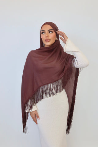 CHOCOLATE TASSEL hijab in rich chocolate brown — front view — SANA THE LABEL