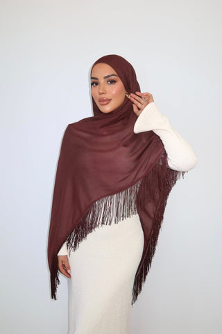 CHOCOLATE TASSEL hijab in rich chocolate brown — front view — SANA THE LABEL