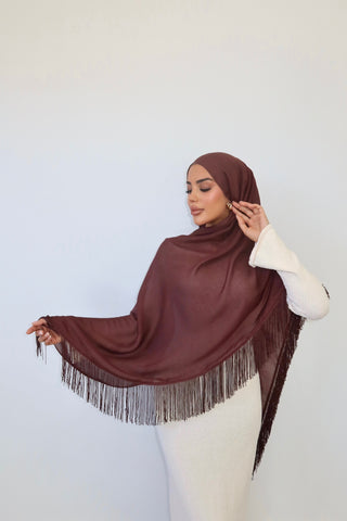 CHOCOLATE TASSEL hijab — front view with tassel trim displayed — SANA THE LABEL