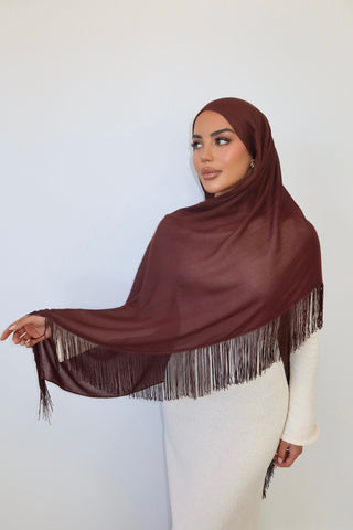 CHOCOLATE TASSEL hijab in rich chocolate brown — side view — SANA THE LABEL