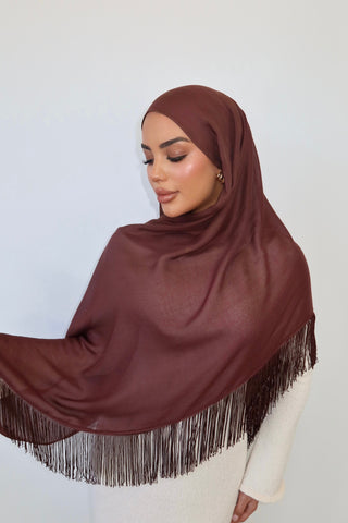 CHOCOLATE TASSEL hijab in rich chocolate brown — side view — SANA THE LABEL