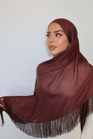 CHOCOLATE TASSEL hijab — close-up detail of fabric and drape — SANA THE LABEL