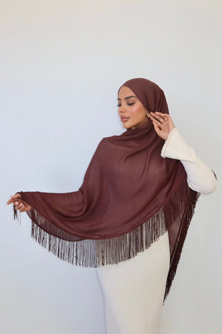 CHOCOLATE TASSEL hijab — front view with tassel trim displayed — SANA THE LABEL