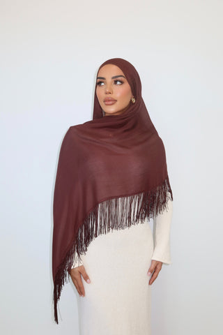 CHOCOLATE TASSEL hijab in rich chocolate brown — front view — SANA THE LABEL