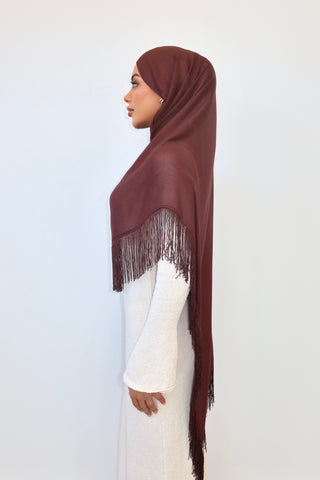 CHOCOLATE TASSEL hijab in rich chocolate brown — side profile — SANA THE LABEL