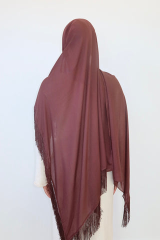 CHOCOLATE TASSEL hijab in rich chocolate brown — back view — SANA THE LABEL