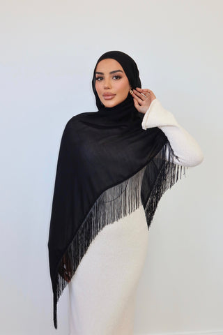 BLACK TASSEL hijab in black — front view — SANA THE LABEL