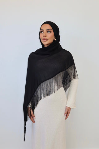 BLACK TASSEL hijab in black — front view — SANA THE LABEL