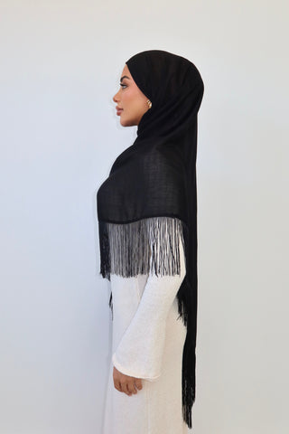BLACK TASSEL hijab in black — side profile — SANA THE LABEL