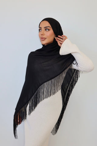BLACK TASSEL hijab in black — front view — SANA THE LABEL