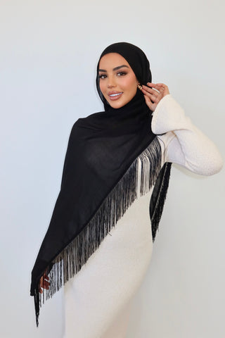 BLACK TASSEL hijab — front view with tassel trim displayed — SANA THE LABEL