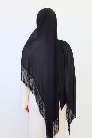 BLACK TASSEL hijab in black — back view — SANA THE LABEL