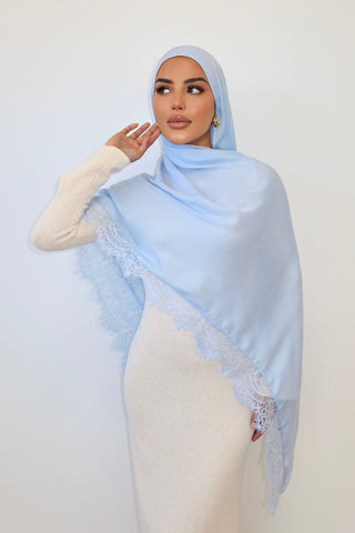 BABY BLUE LACE hijab in powdery blue — front view — SANA THE LABEL