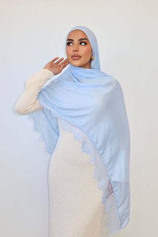 BABY BLUE LACE hijab — front view with lace trim displayed — SANA THE LABEL