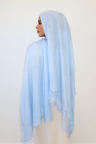 BABY BLUE LACE hijab in powdery blue — back view — SANA THE LABEL