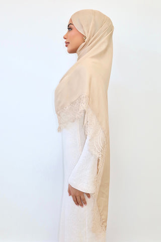 SANDSTONE LACE hijab in warm sandstone — side profile — SANA THE LABEL