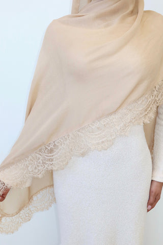 SANDSTONE LACE hijab — close-up detail of lace trim and drape — SANA THE LABEL