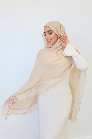 SANDSTONE LACE hijab in warm sandstone — front view — SANA THE LABEL