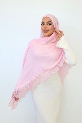 BABY PINK LACE hijab in ballet pink — front view — SANA THE LABEL