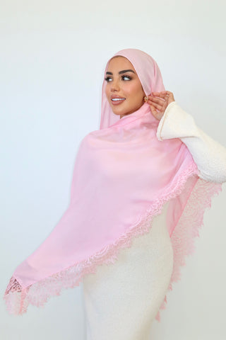 BABY PINK LACE hijab — front view with lace trim displayed — SANA THE LABEL