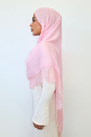 BABY PINK LACE hijab in ballet pink — side profile — SANA THE LABEL