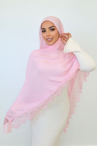 BABY PINK LACE hijab in ballet pink — front view — SANA THE LABEL