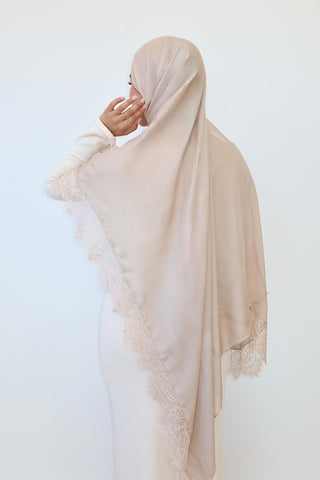 ALMOND LACE hijab in warm almond — back view — SANA THE LABEL