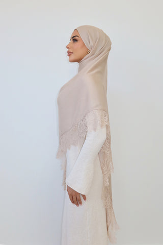 ALMOND LACE hijab in warm almond — side profile — SANA THE LABEL