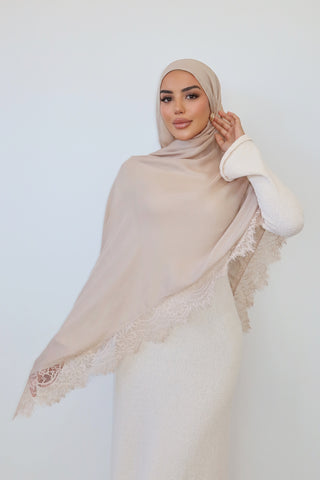 ALMOND LACE hijab in warm almond — front view — SANA THE LABEL