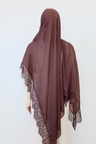 CHOCOLATE LACE hijab in rich chocolate brown — back view — SANA THE LABEL
