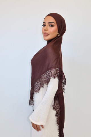 CHOCOLATE LACE hijab in rich chocolate brown — side profile — SANA THE LABEL