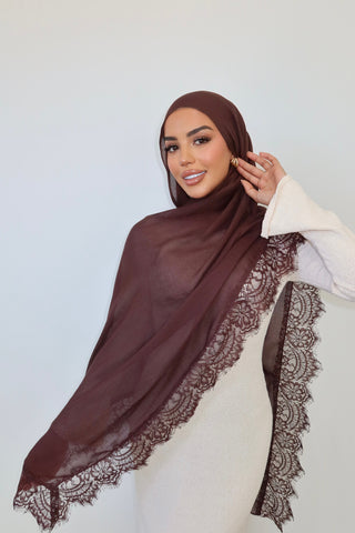 CHOCOLATE LACE hijab in rich chocolate brown — front view — SANA THE LABEL