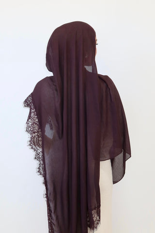 DARK PLUM LACE hijab in deep plum — back view — SANA THE LABEL