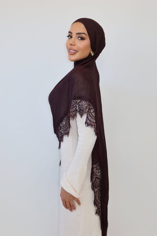 DARK PLUM LACE hijab in deep plum — side profile — SANA THE LABEL