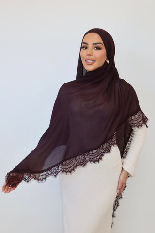 DARK PLUM LACE hijab in deep plum — front view — SANA THE LABEL