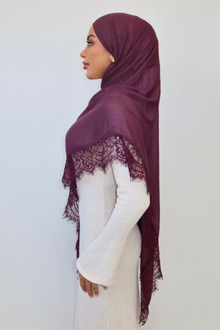 DARK MAUVE LACE hijab in deep mauve — side profile — SANA THE LABEL