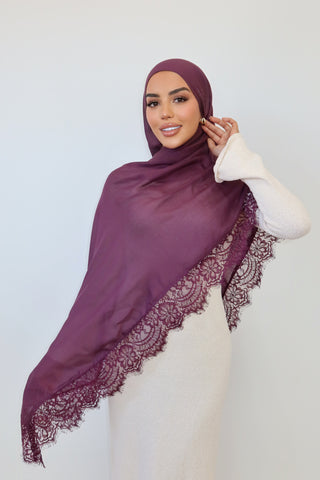 DARK MAUVE LACE hijab in deep mauve — front view — SANA THE LABEL