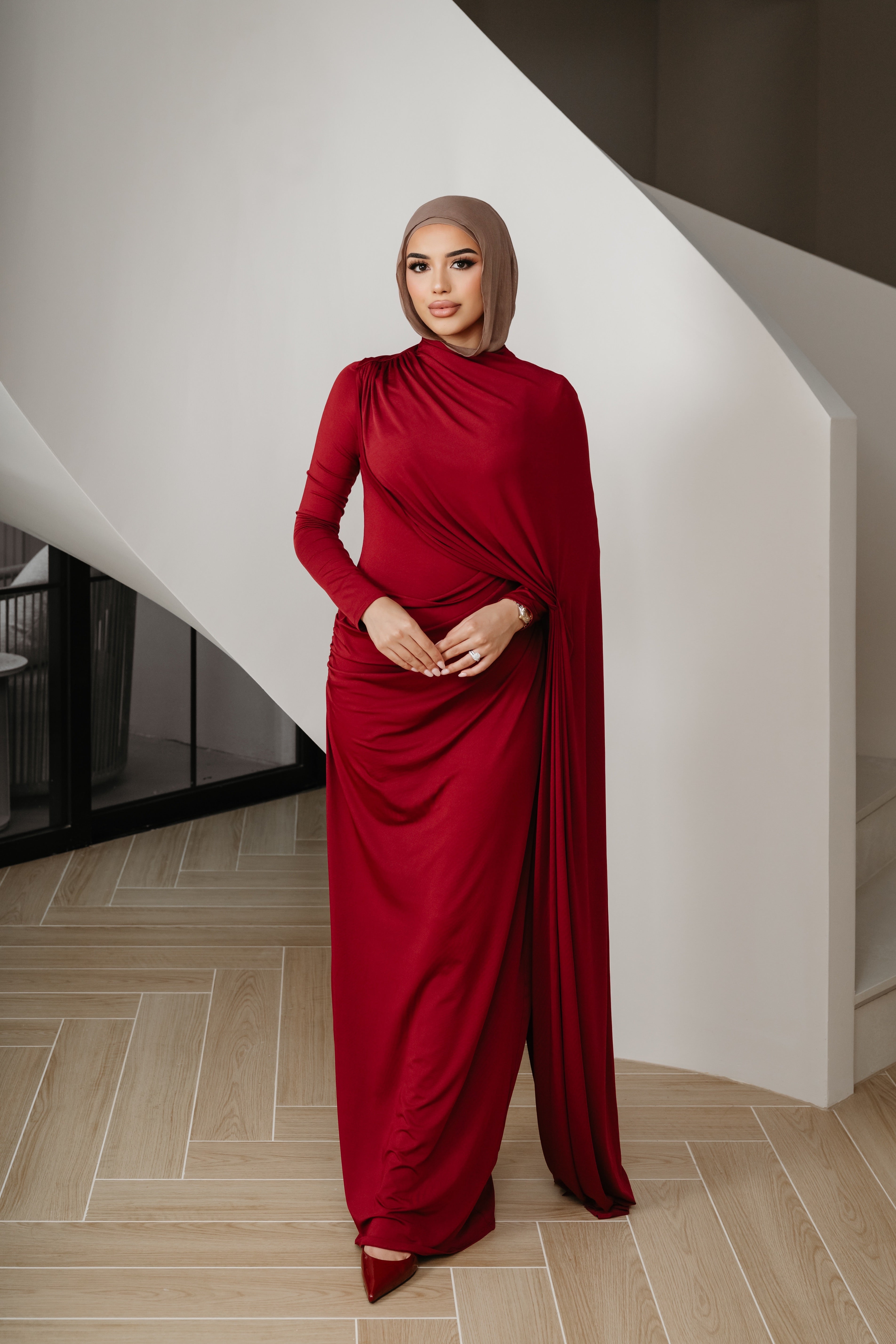 VALENTINA Maroon Modest Drape Dress | SANA THE LABEL VALENTINA Maroon Modest Drape Dress | SANA THE LABEL
