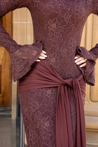 ROSALIE modest lace dress back view showing fully covered silhouette