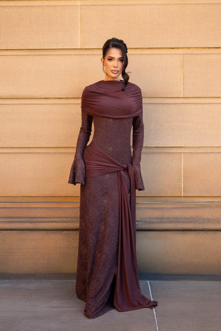 ROSALIE modest lace dress detail — intricate lace pattern and long sleeves