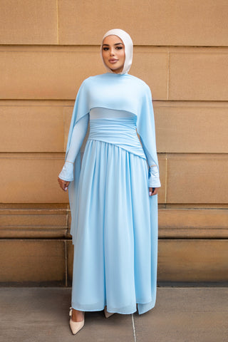 MIREYA chiffon modest dress side profile showing modesty cut