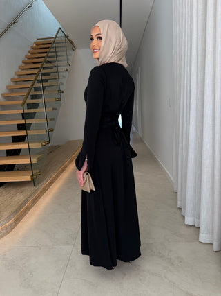 MARIA black button-front modest dress — back belt detail — SANA THE LABEL