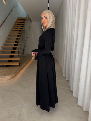 MARIA black button-front modest dress — side — SANA THE LABEL